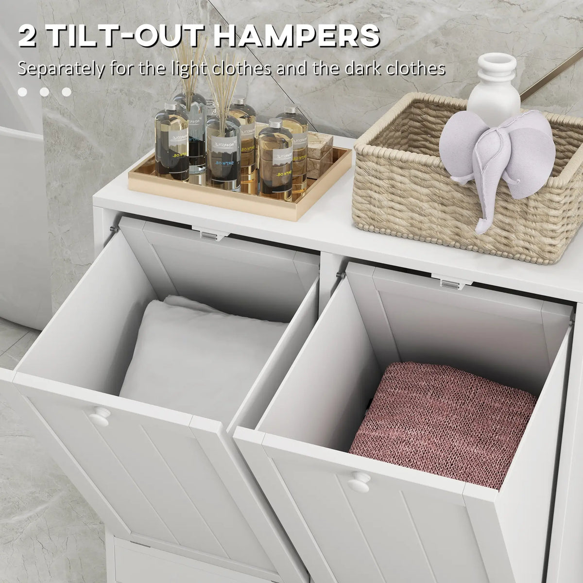 Tilt-Out Laundry Cabinet, 2 Compartment Hamper, White Bathroom Cabinets at Gallery Canada