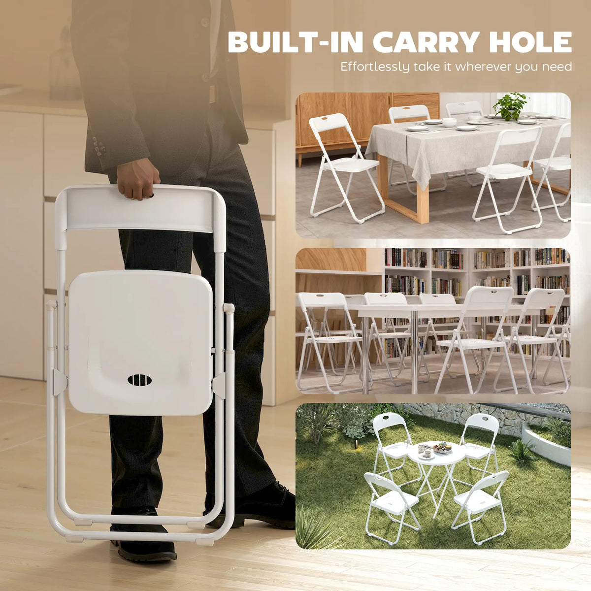 Folding Chairs 6 Pack, Plastic with Steel Frame, White Dining Chairs at Gallery Canada