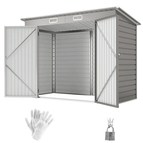 8 x 4FT Galvanized Garden Storage Shed, Metal Outdoor Shed, Light Grey