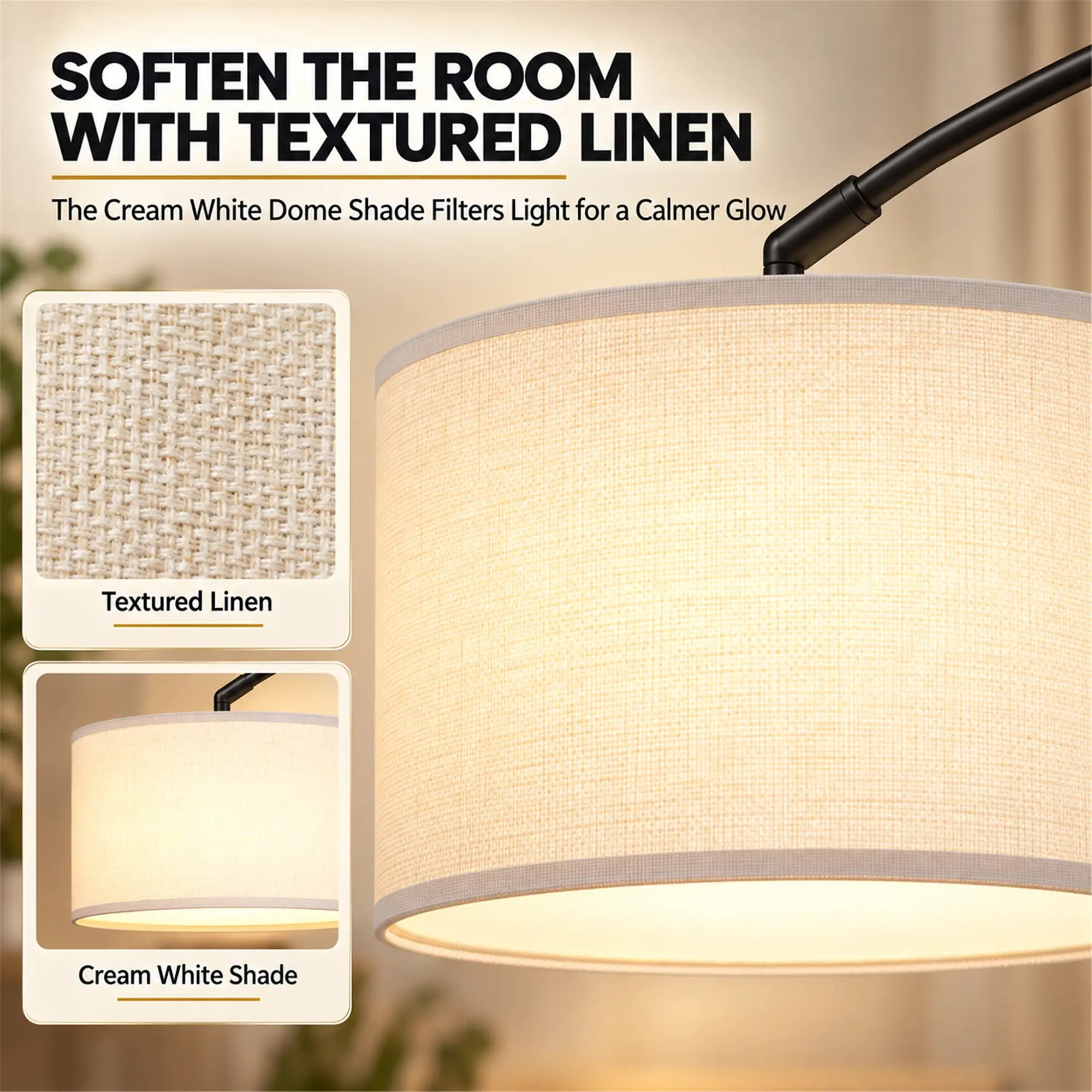 Arc Floor Lamp, Adjustable Linen Shade, 90° Tilt Swivel, Black Floor Lamps & Ceiling Fan Lights at Gallery Canada
