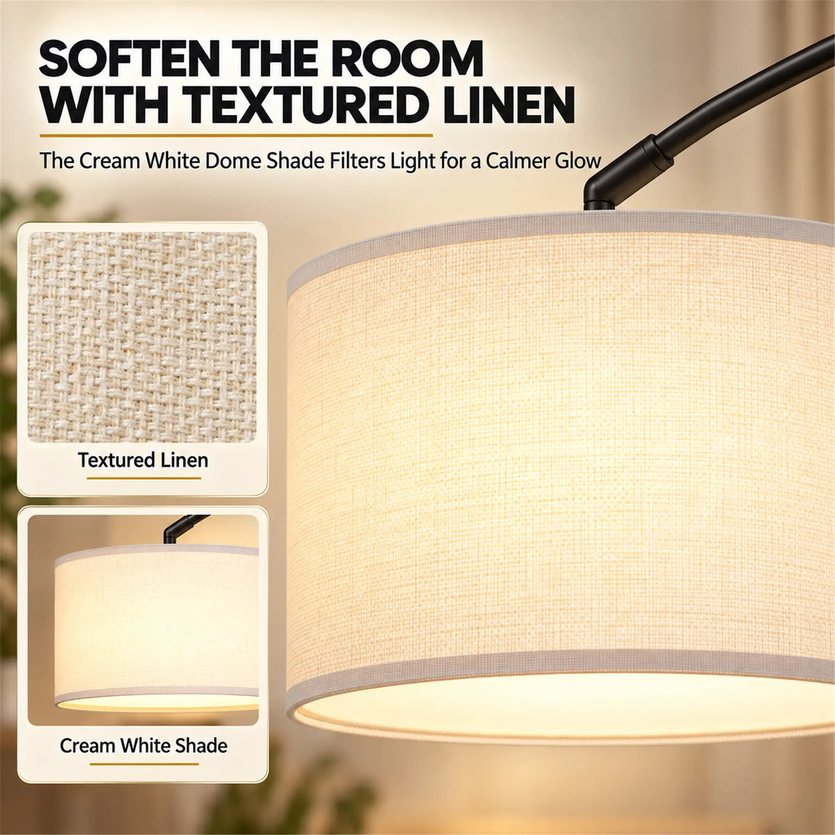 Arc Floor Lamp, Adjustable Linen Shade, 90° Tilt Swivel, Black Floor Lamps & Ceiling Fan Lights at Gallery Canada