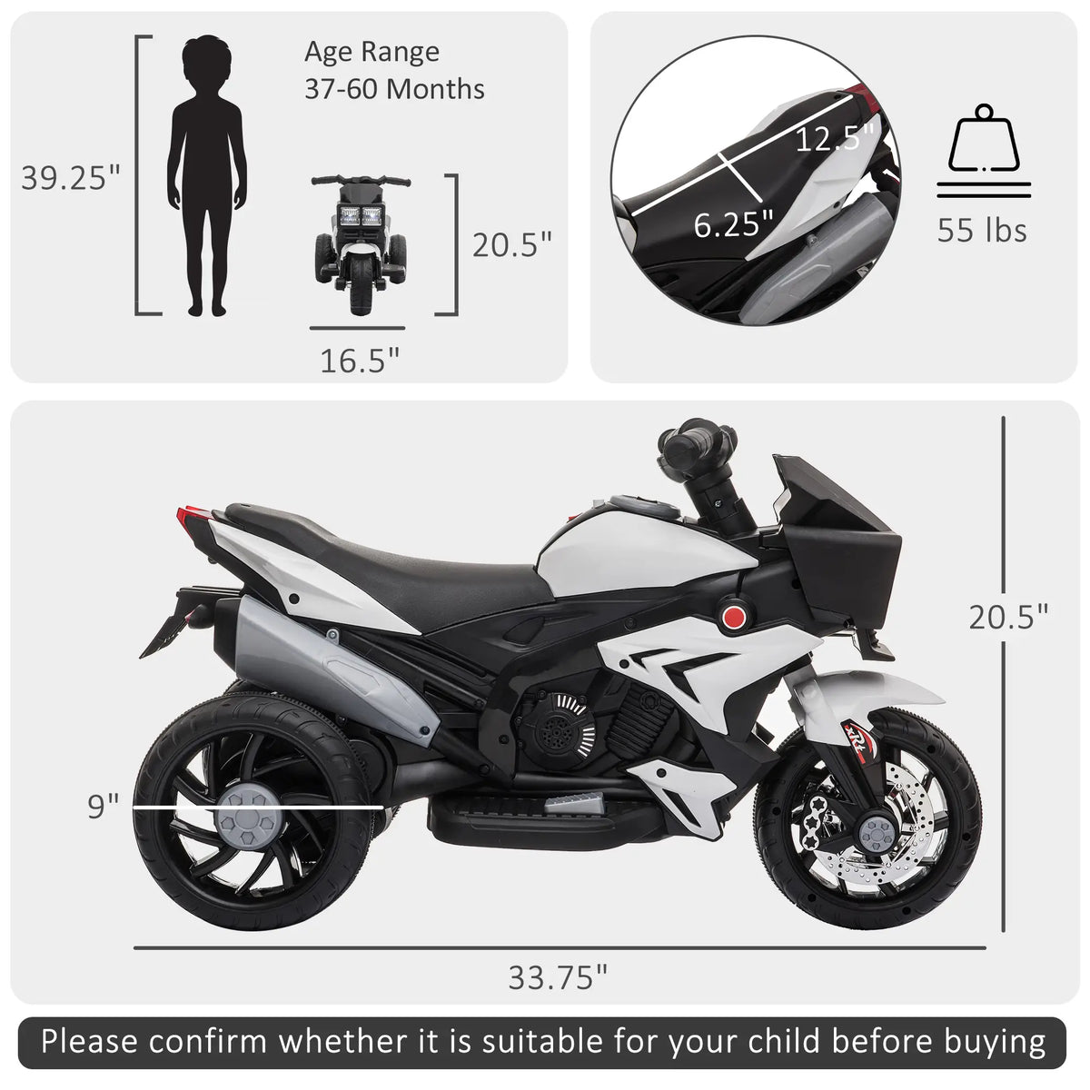 Kids Electric Motorcycle Ride-On Toy, 6V Battery Powered, White Electric Motorcycles at Gallery Canada