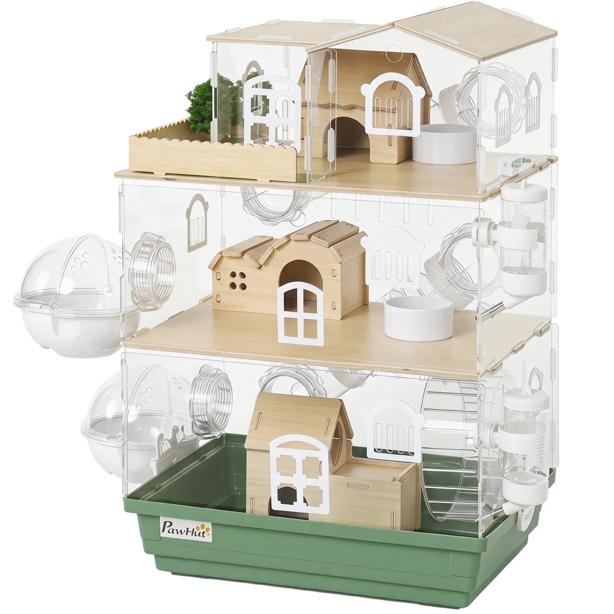 Large Hamster Cage, 3 Tiers Acrylic Hamster Habitat with Water Bottles, Running Wheel for Pet Mice, Dwarf Hamster Hamster Cages Green, Transparent, Natural Wood at Gallery Canada