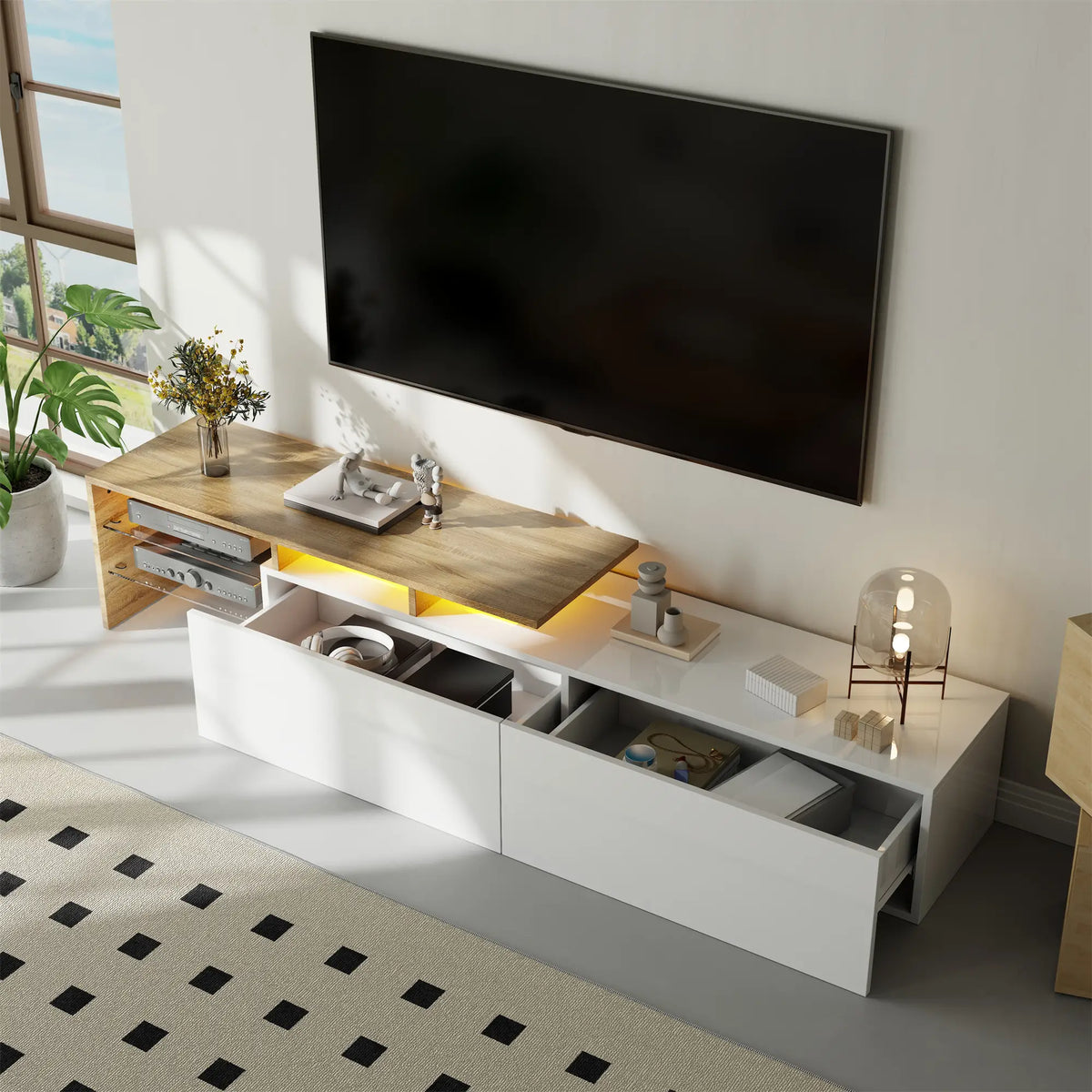 TV Stand With Glass Shelves, LED Lighting, 67" L x 13" W x 13" H, Natural, White TV Stands at Gallery Canada