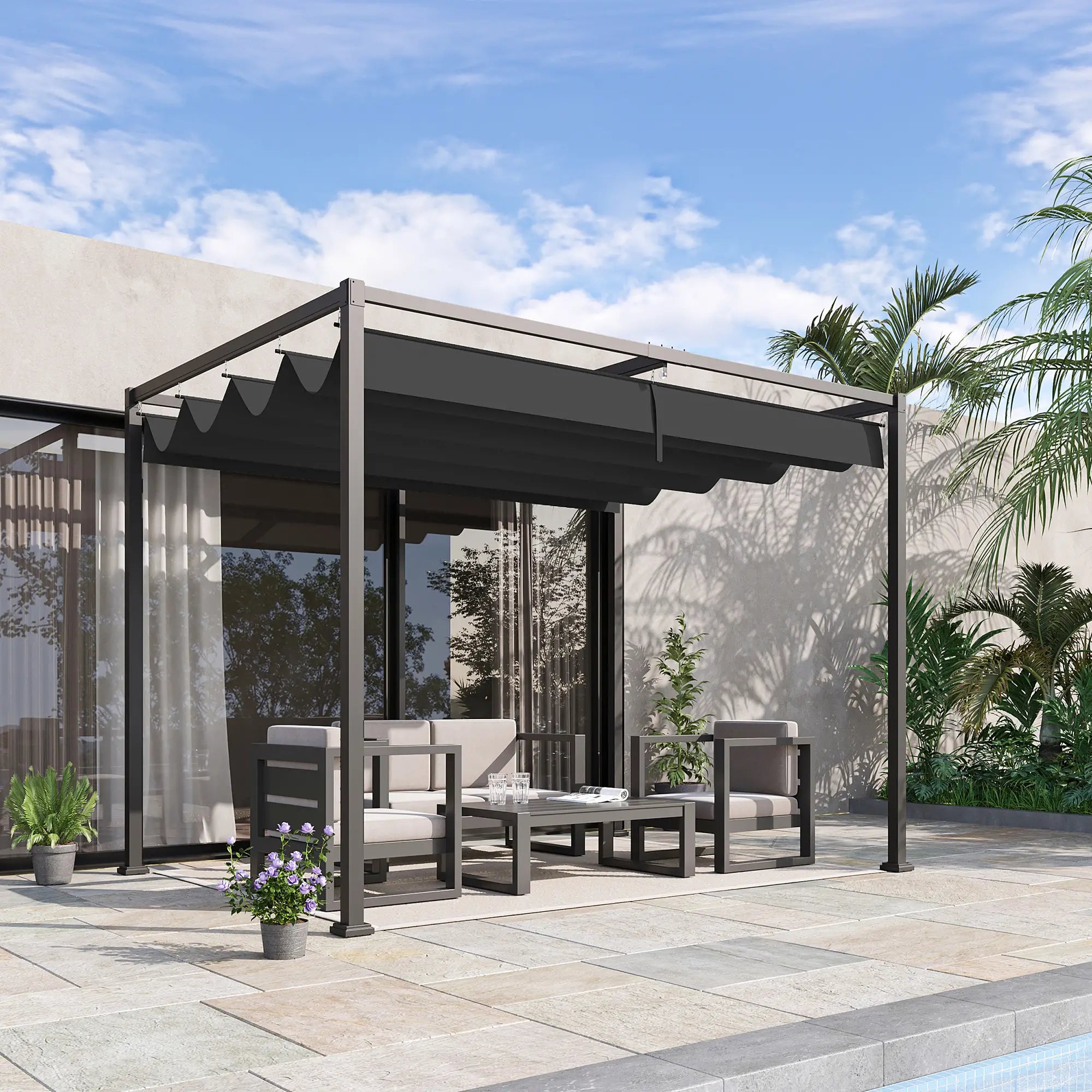 10' X 7' Patio Pergola With Retractable Canopy, Black Pergolas at Gallery Canada