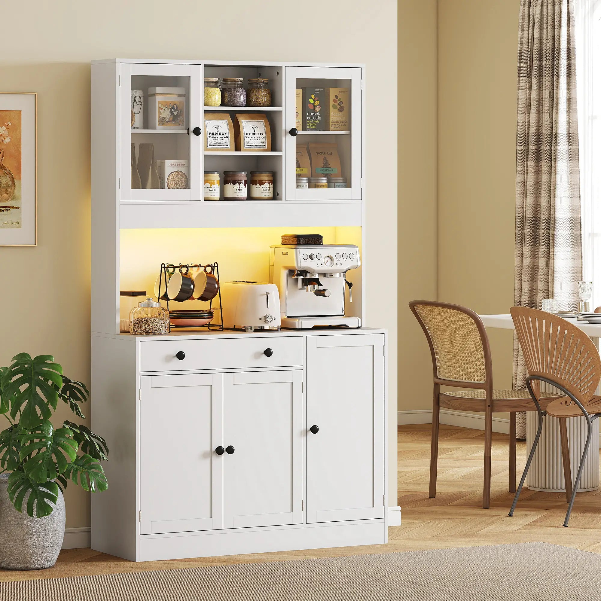 Tall Kitchen Pantry with LED Light, Freestanding Cabinet, White Kitchen Pantry Cabinets at Gallery Canada