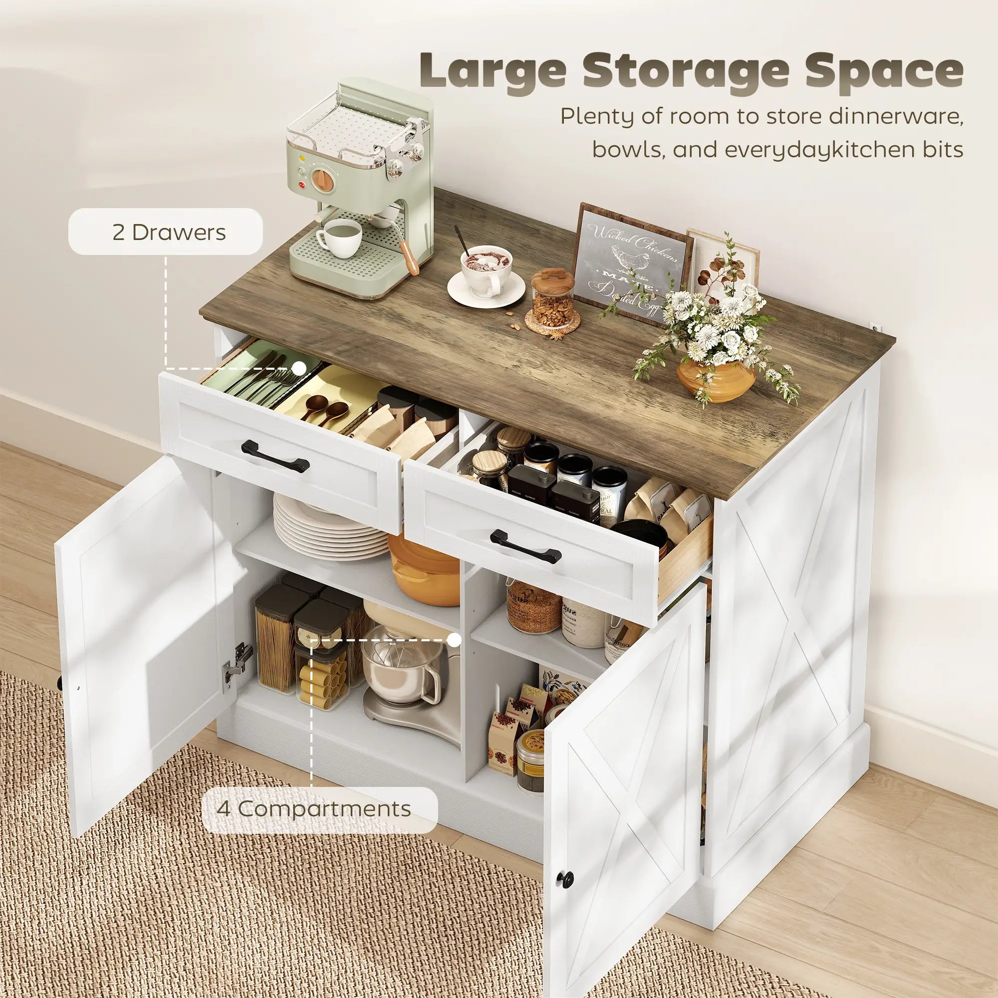 Kitchen Island with Sitting Space, Sideboard Cabinet with 2 Drawers and 2 Adjustable Shelves for Dining Room, White Kitchen Islands & Kitchen Carts at Gallery Canada