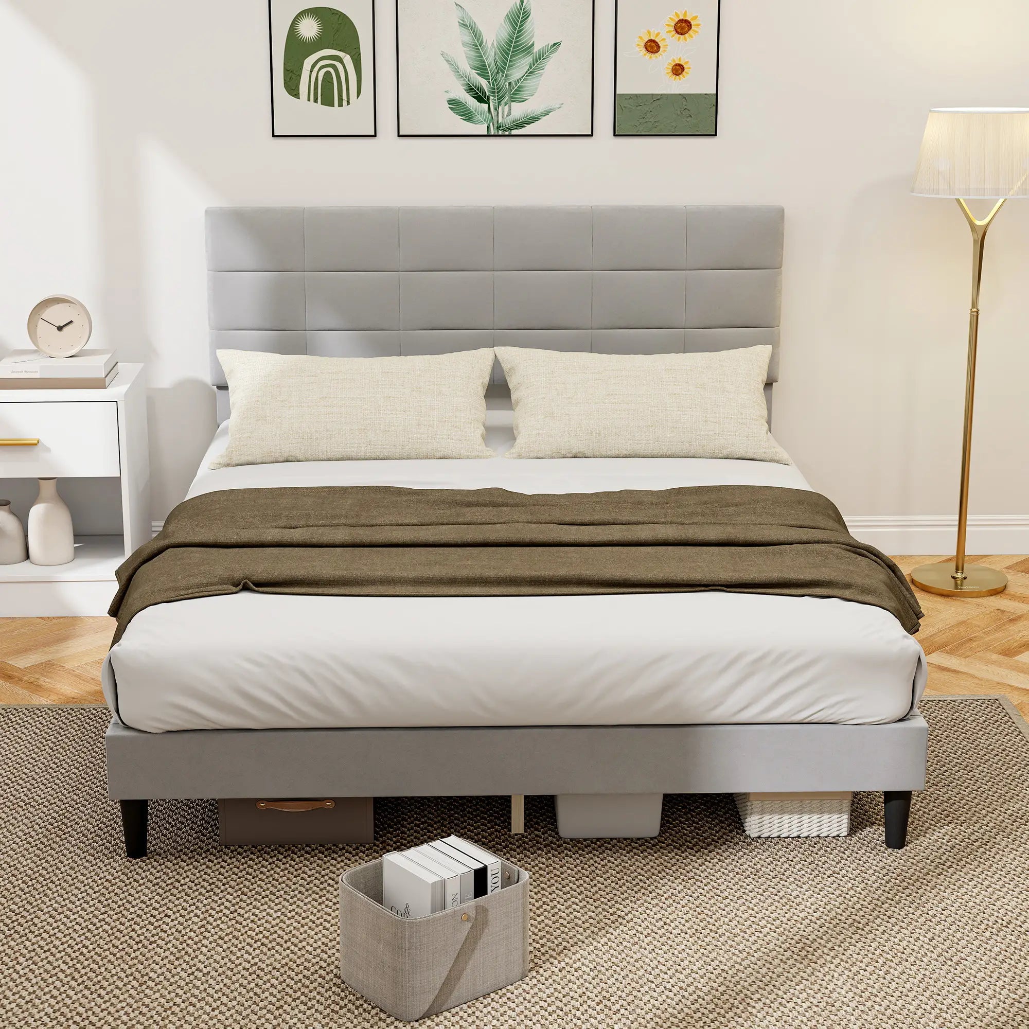 Queen Size Bed Frame, Upholstered Headboard, Wood Slats, 1100 lbs, Grey Bed Frames at Gallery Canada
