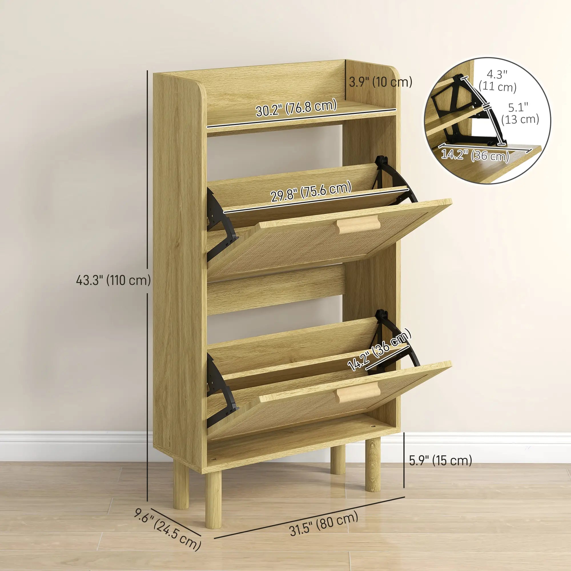 Slim Shoe Storage, 2 Flip Drawers, Adjustable Shelves, 12 Pair, Oak Shoe Storage Cabinets & Racks at Gallery Canada