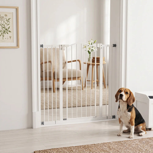 Extra Tall Dog Gate with Door, Pressure Fit, Auto Close, 29-39 Inches, White