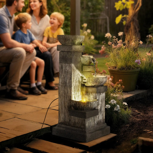 33.5 Inch 4-Tier Resin Cascading Water Fountain, LED Lights, Pump Water Fountains Grey at Gallery Canada