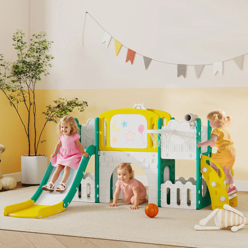 7-in-1 Toddler Slide With Basketball Hoop, Yellow