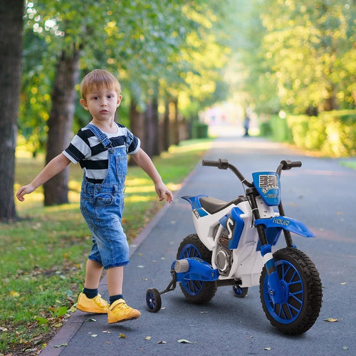 Kids Dirt Bike, 12V Battery, Training Wheels, Blue