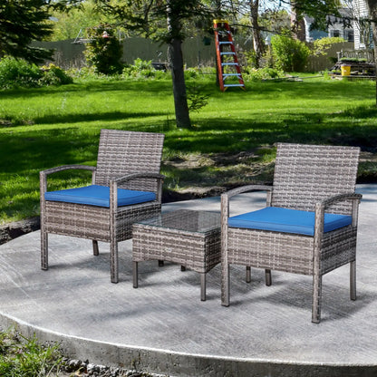 3-Piece Wicker Patio Set, Rattan Bistro with Coffee Table, Cushions, Blue Bistro Sets at Gallery Canada