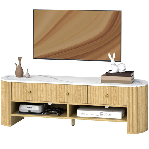 Modern TV Stand, Marble-Effect Top, 3 Drawers, 2 Shelves, 32-65 Inch, Natural