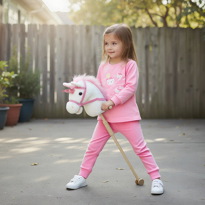 Unicorn Stick Horse, Plush with Wood Wheels, Neighing Sounds, White Rocking Horses at Gallery Canada