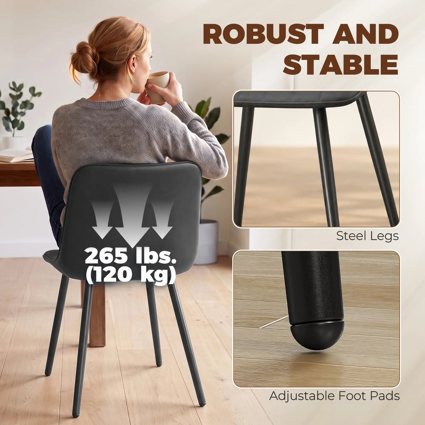 Faux Leather Dining Chairs Set of 4, Black Metal Legs, Black