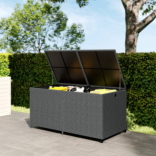 Boîte de terrasse en rotin de 162 gallons avec roues, doublure zippée étanche, tige pneumatique