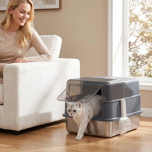 Stainless Steel Cat Litter Box With Lid, Scoop, Deodorization Bags Cat Litter Box Enclosures Grey at Gallery Canada