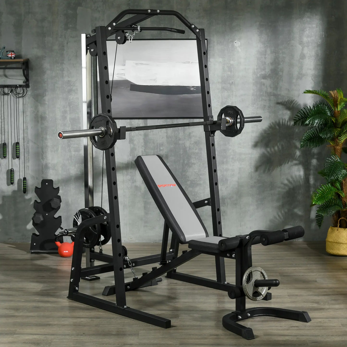Smith Machine, Power Cage w/ Adjustable Bench, Barbell Bar, Cable Pulley, 15-Level Squat Rack Power Towers at Gallery Canada