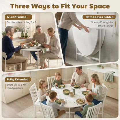 47" Round Drop Leaf Dining Table, Steel Frame, For 3-6 People, White Dining Tables at Gallery Canada