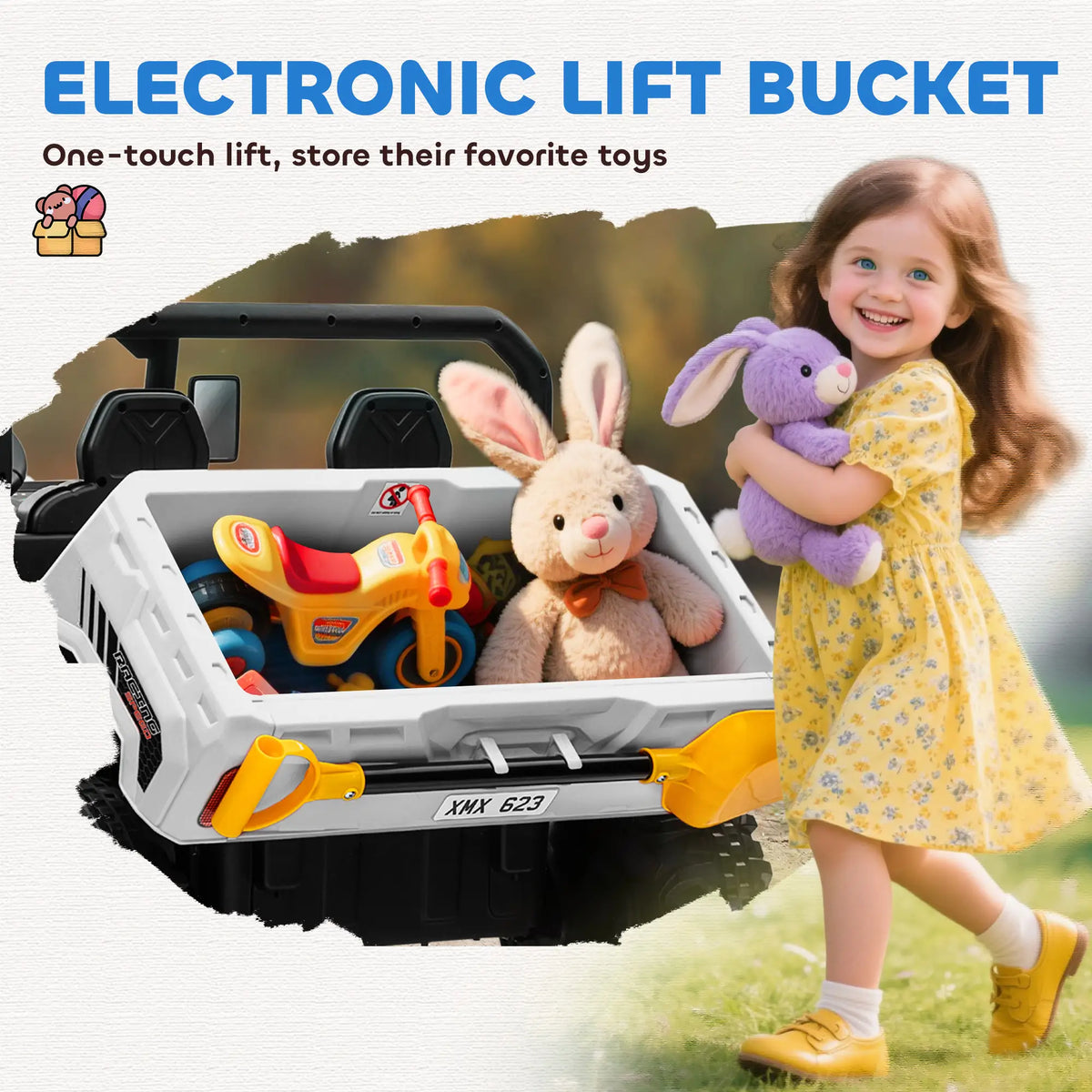 12V Ride On Car, Electric Bucket, Two-Seater, White Electric Toy Cars at Gallery Canada