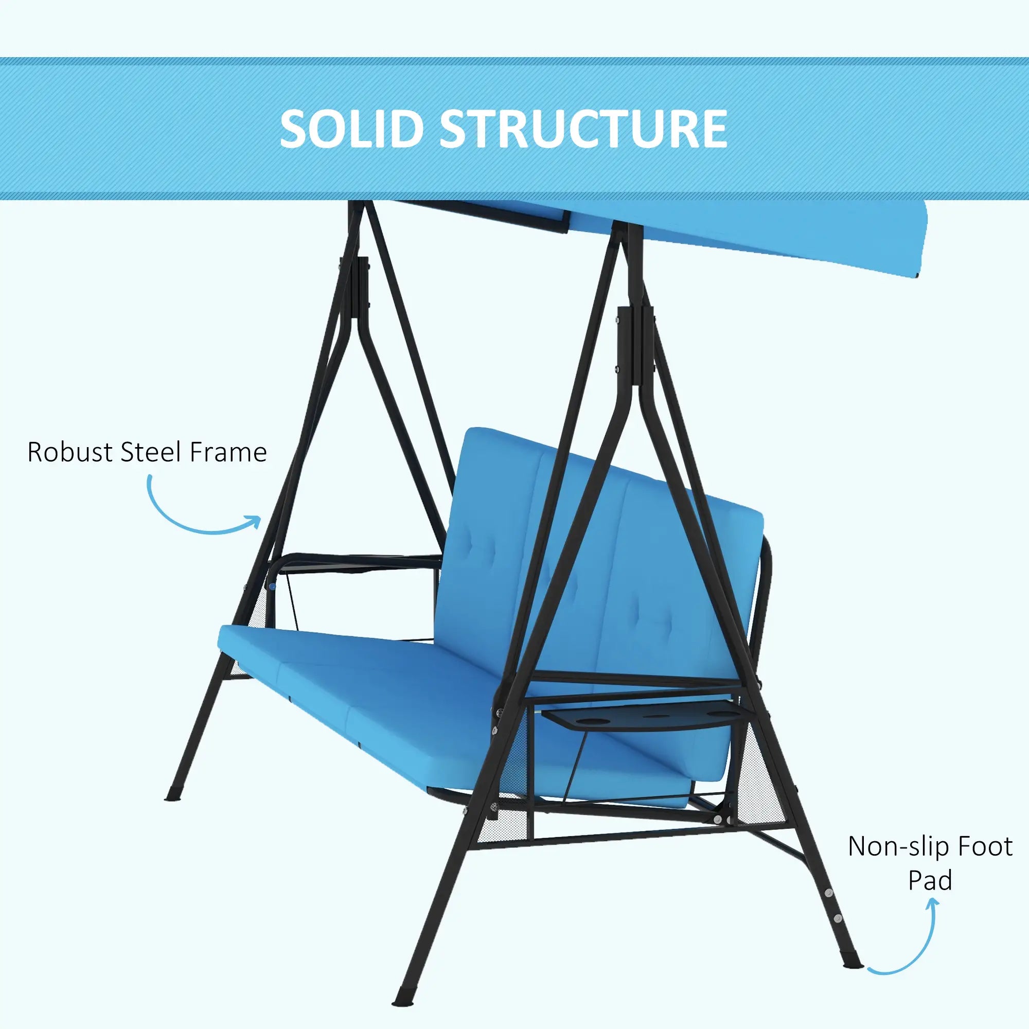 3-Seat Outdoor Porch Swing With Adjustable Canopy, Tray, Cushion, Blue Patio Swings with Stand at Gallery Canada