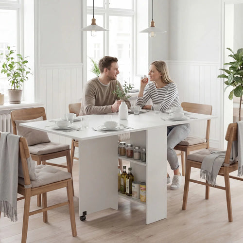 Extendable Dining Table, Collapsible w/ 2-Tier Shelves, Rolling Casters, White