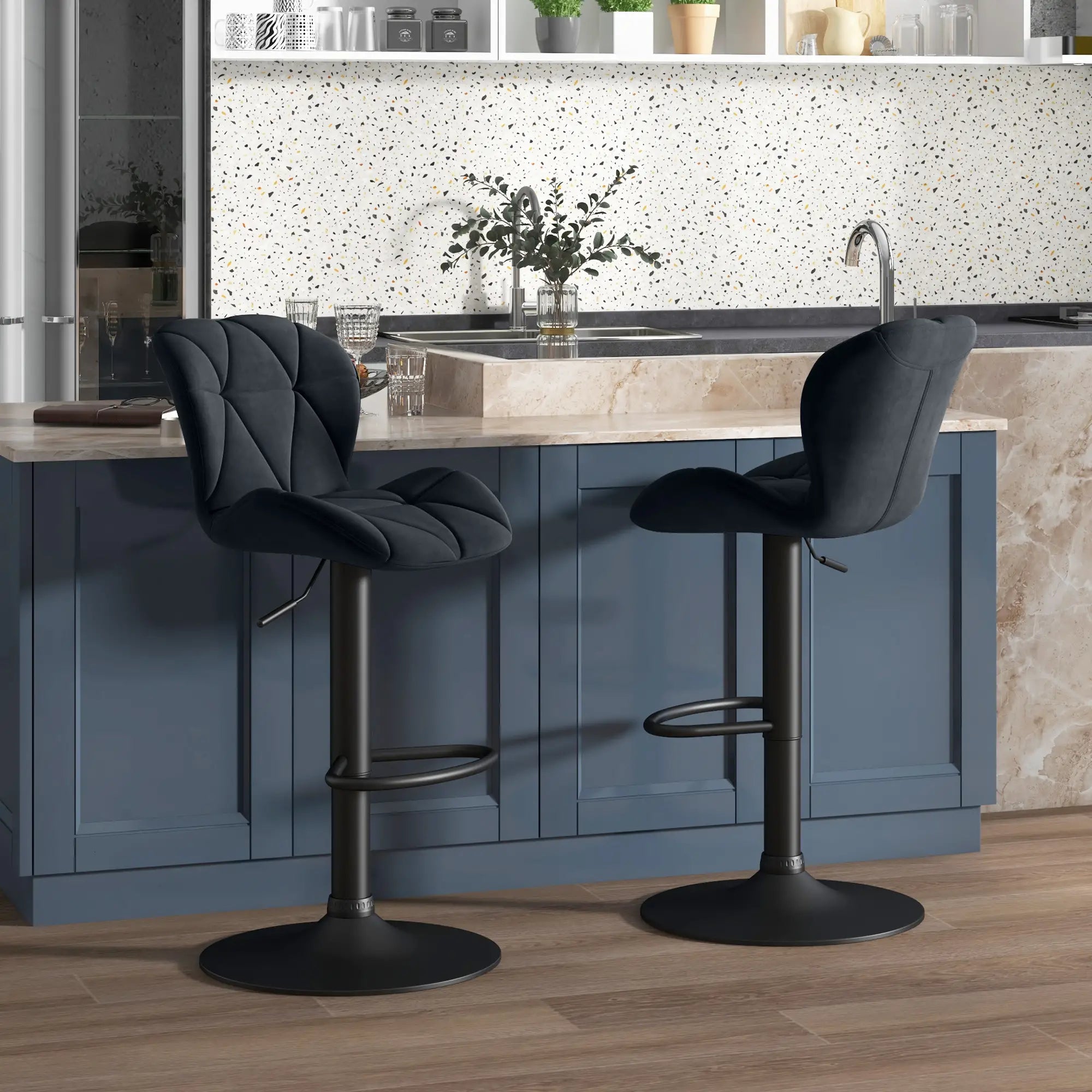 Adjustable Height Fabric Bar Stool Set of 2, Swivel Seat, Black Bar Stools at Gallery Canada