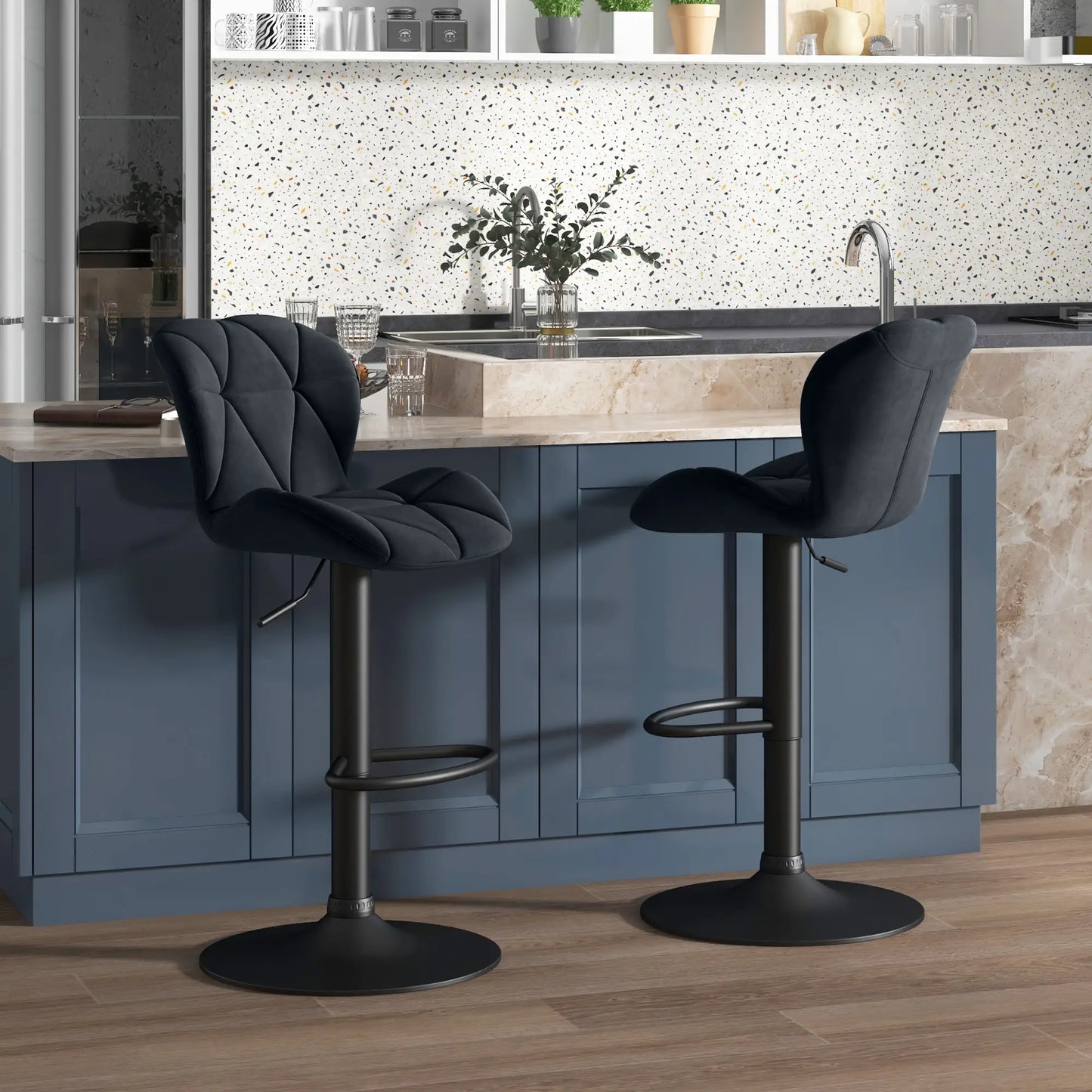 Adjustable Height Fabric Bar Stool Set of 2, Swivel Seat, Black Bar Stools at Gallery Canada