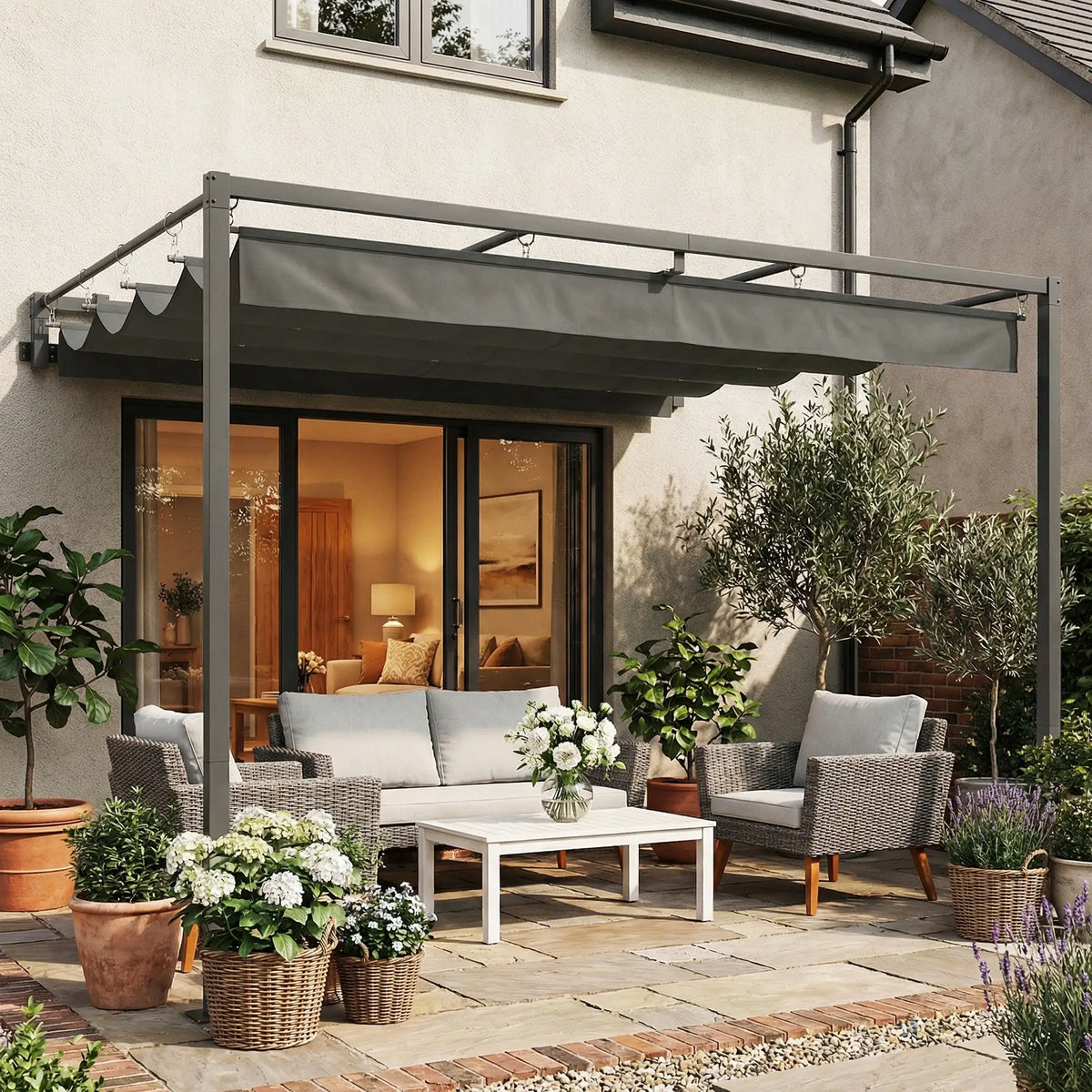10' x 10' Retractable Pergola Canopy, Wall Mounted, Dark Grey Pergolas at Gallery Canada