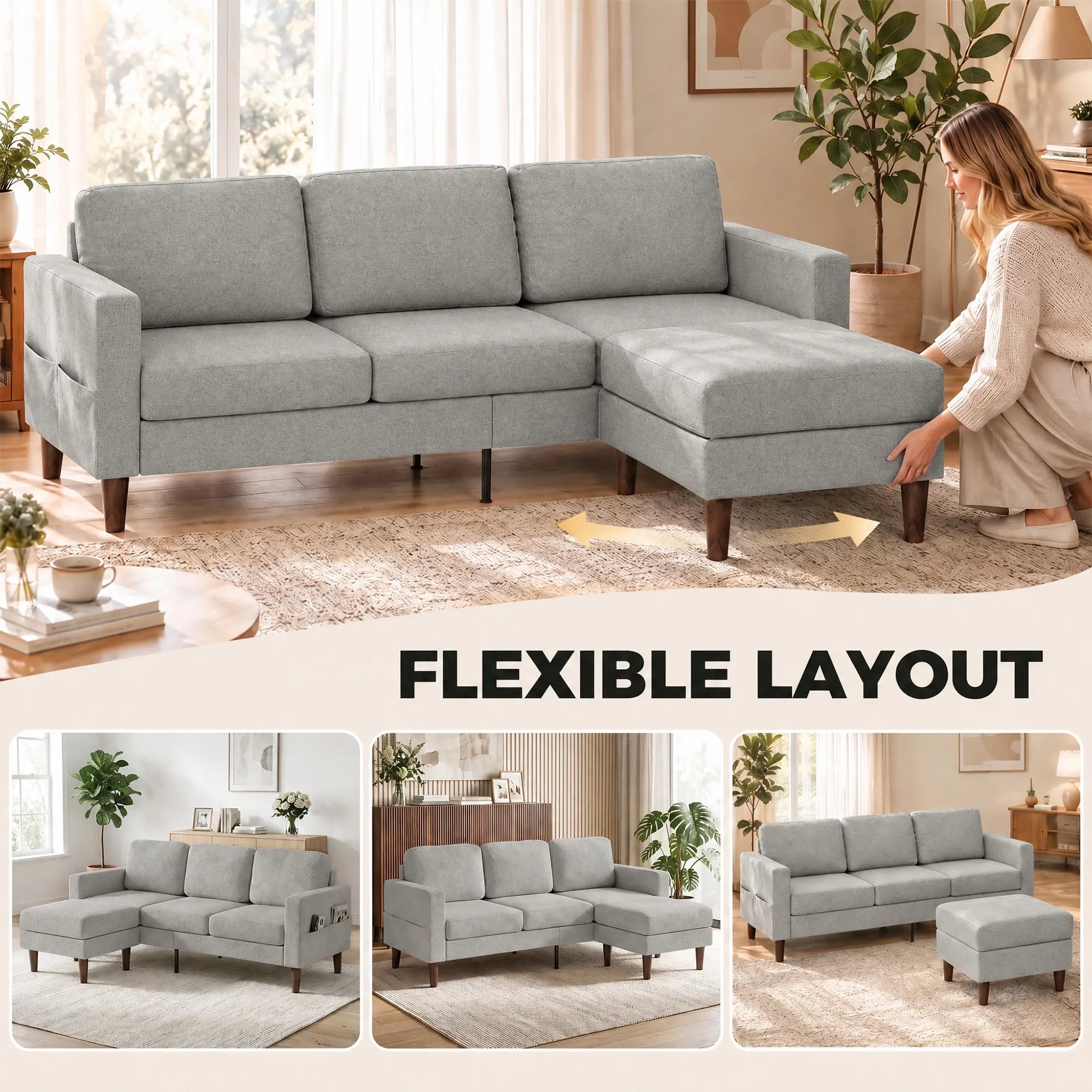 78 In L Shaped 3 Seater Sofa with Ottoman, Grey L Shaped Couchs at Gallery Canada