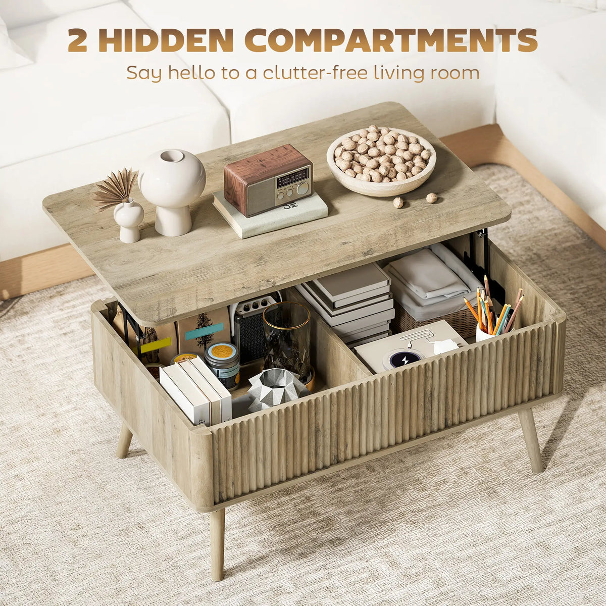 Lift Top Coffee Table with Storage, Hidden Compartments, Pine Wood Legs, Oak Coffee Tables at Gallery Canada