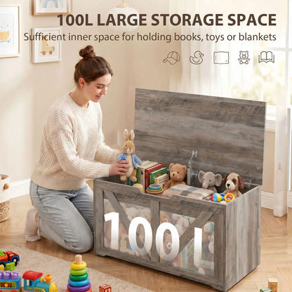 31.5" Storage Chest with Safety Hinge, Grey Wood Grain, Grey Storage Cabinets at Gallery Canada