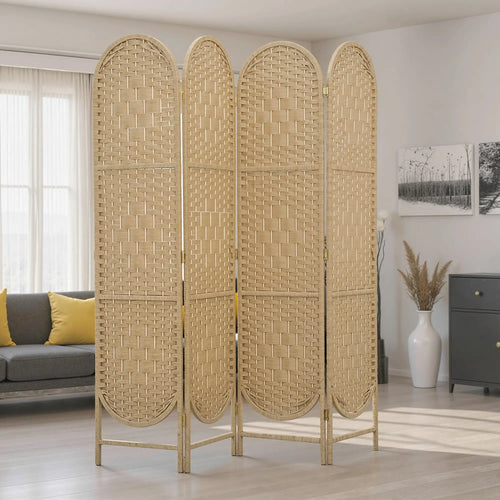 Bohemian Privacy Screen, 4 Panel Folding Room Divider, Arched Top, Natural Wood