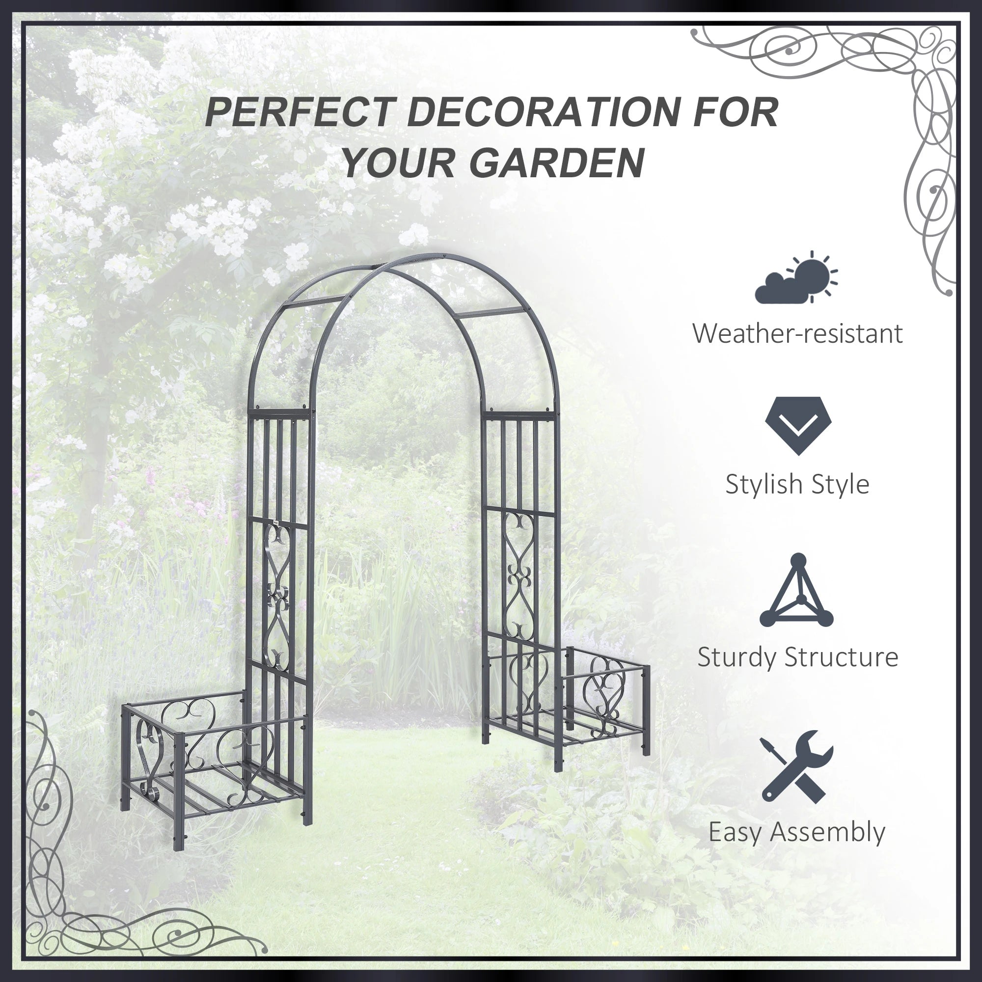 7FT Metal Garden Arch with 2 Planter Boxes, Outdoor Walkway Arbor, Dark Grey Garden Arches at Gallery Canada