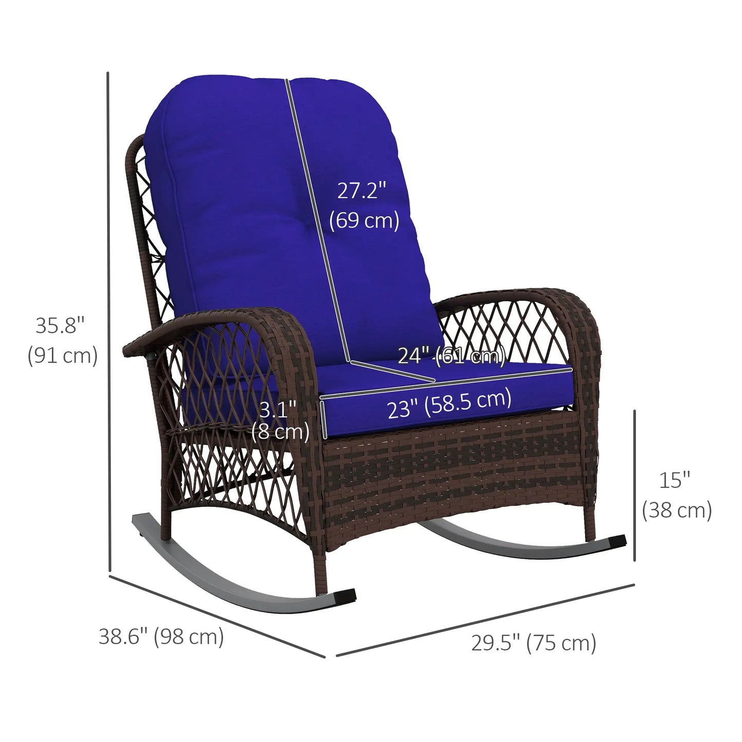 Outdoor Wicker Rattan Rocking Chair, Thick Cushions, Dark Blue Outdoor Rocking Chairs at Gallery Canada