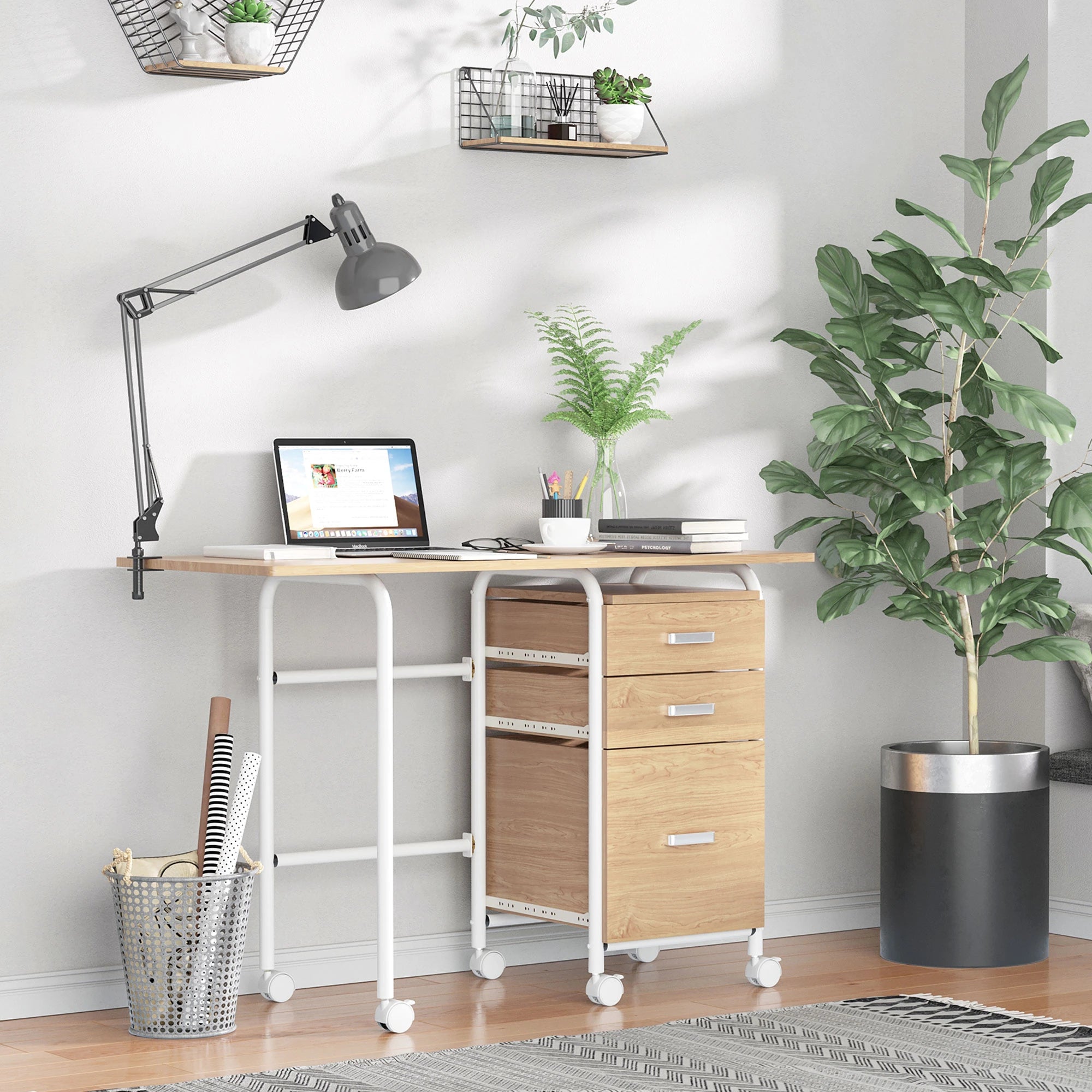Foldable Computer Desk with Drawers, 6 Wheels, Natural Writing Desks at Gallery Canada