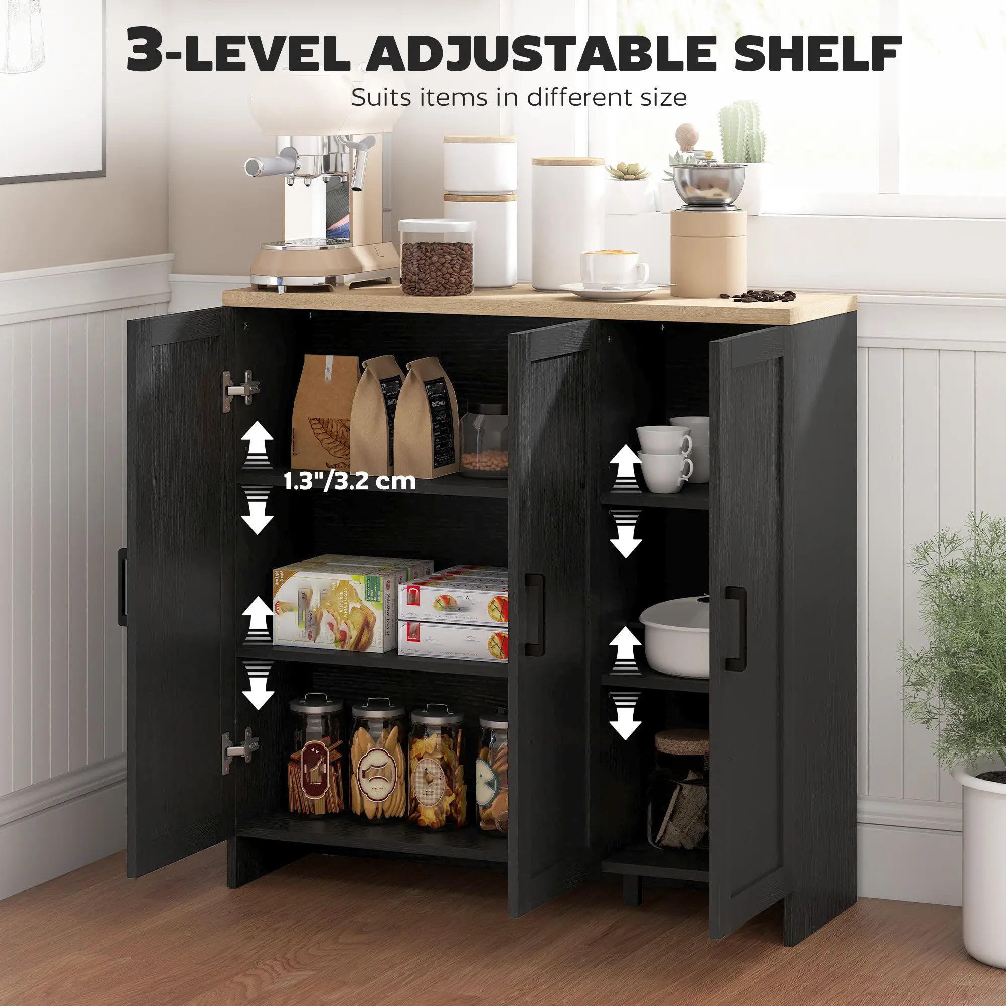 Modern Sideboard Buffet Cabinet, 3 Doors Adjustable Shelves, Black Kitchen Pantry Cabinets at Gallery Canada