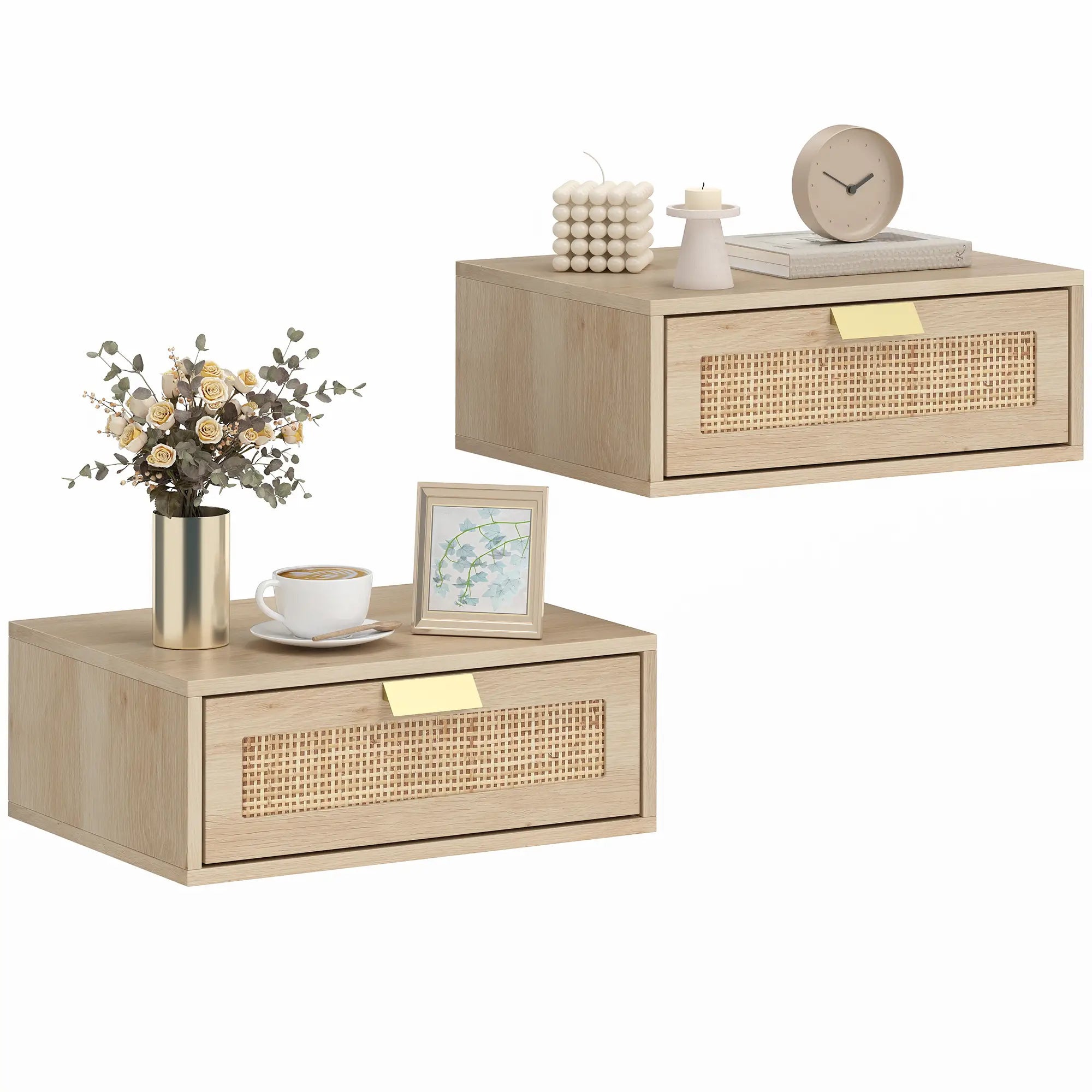 Floating Bedside Tables Set Of 2, Wall Mounted Nightstands, Rattan Drawer, Wood Effect, Oak Bedside Tables at Gallery Canada