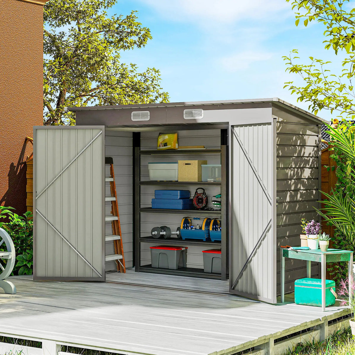 8 x 4FT Galvanized Metal Garden Shed, Double Doors, 2 Vents, Light Grey Sheds at Gallery Canada