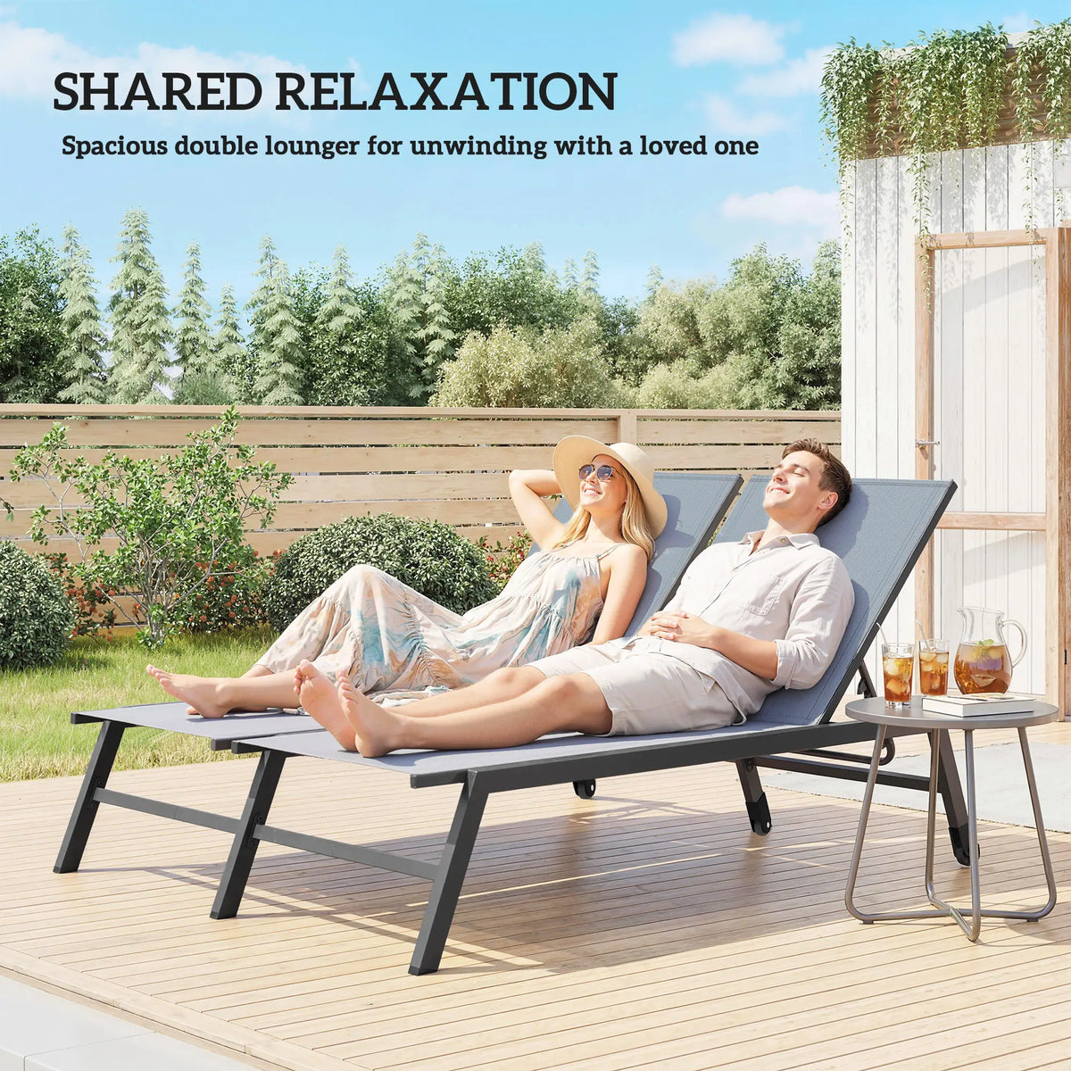 Chaise Lounge Chair For 2 Person, 5-Position Adjustable With Wheels