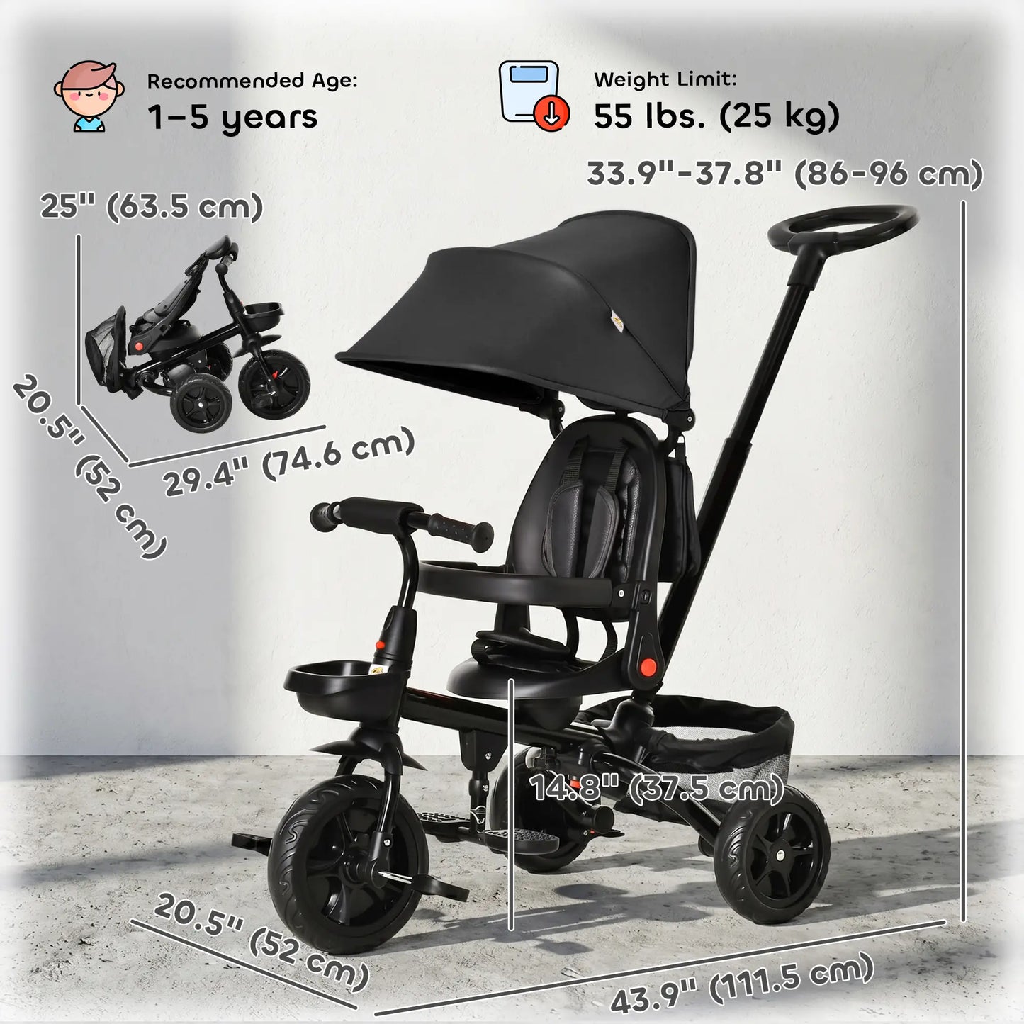 Toddler Tricycle, 4 in 1 Kids Trike, Adjustable Seat, Removable Handle, Black Tricycles for Kids at Gallery Canada