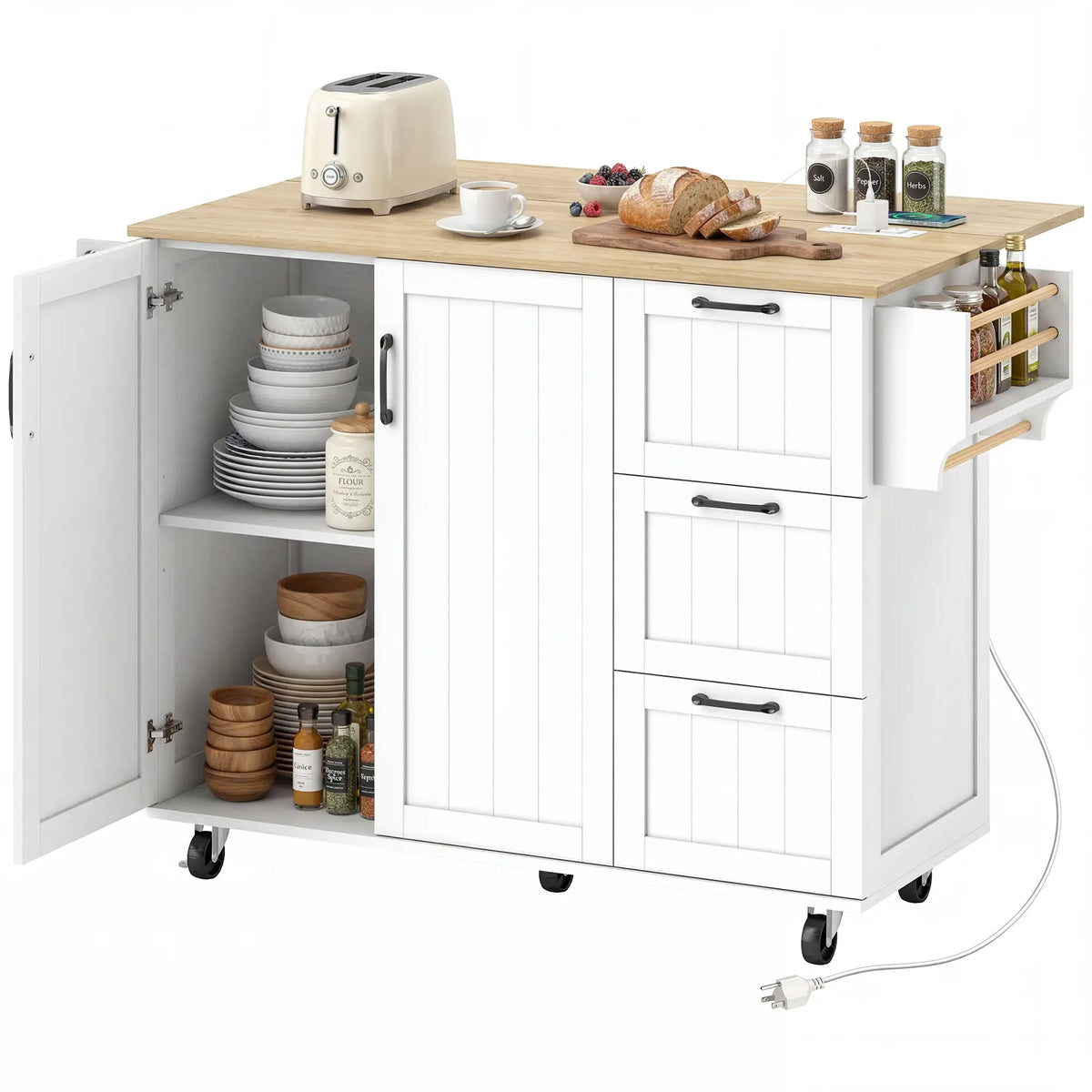 Kitchen Island With Drop Leaf, White Kitchen Islands & Kitchen Carts White, Oak Wood Grain at Gallery Canada