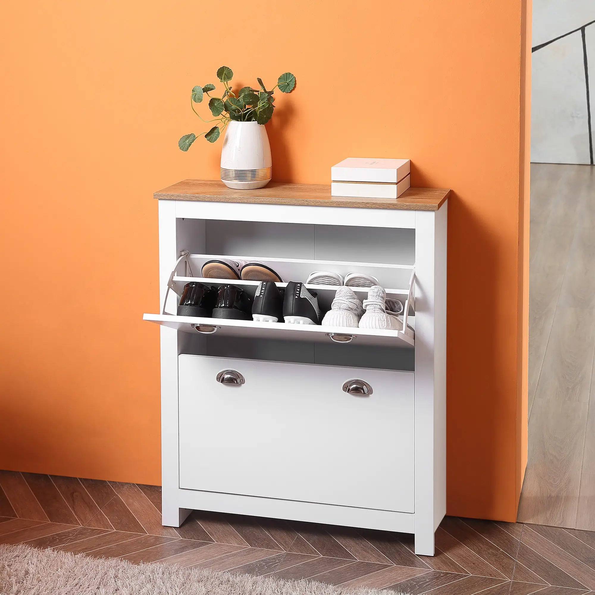 Entryway Shoe Cabinet, 2 Flip Drawers, Adjustable Shelves, 12 Pair, White Shoe Storage Cabinets & Racks at Gallery Canada