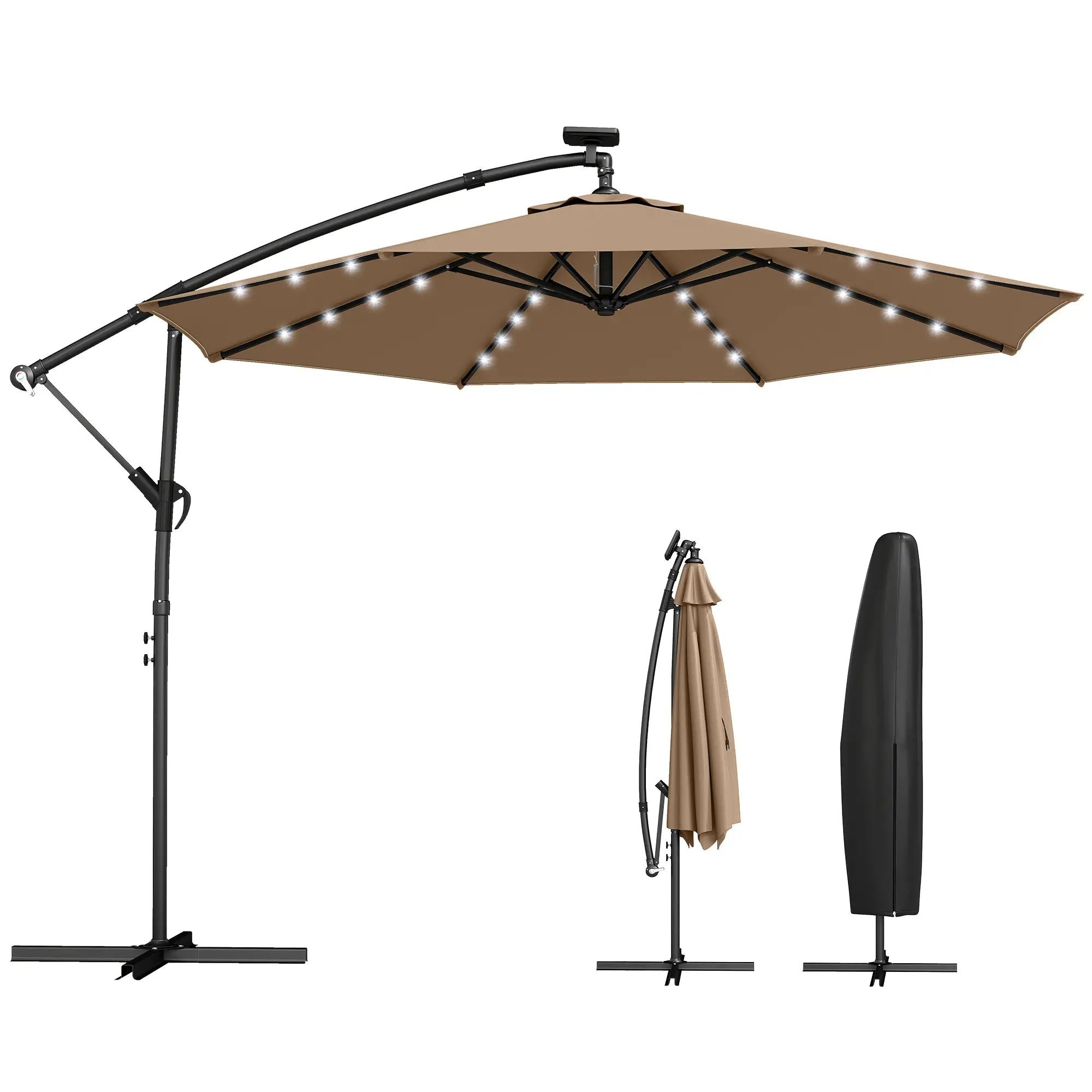 9.7 ft Cantilever Patio Umbrella, Solar Light, Tilt, Crank, Khaki Offset Cantilever Umbrellas at Gallery Canada