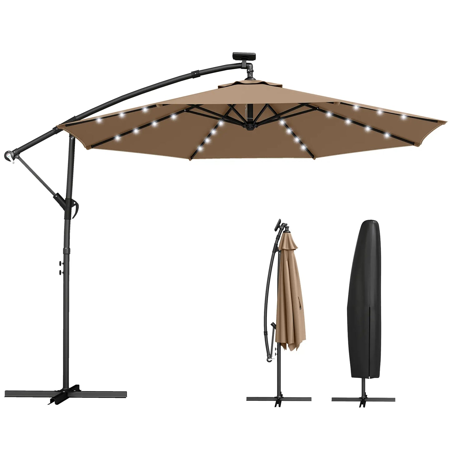 9.7 ft Cantilever Patio Umbrella, Solar Light, Tilt, Crank, Khaki Offset Cantilever Umbrellas at Gallery Canada