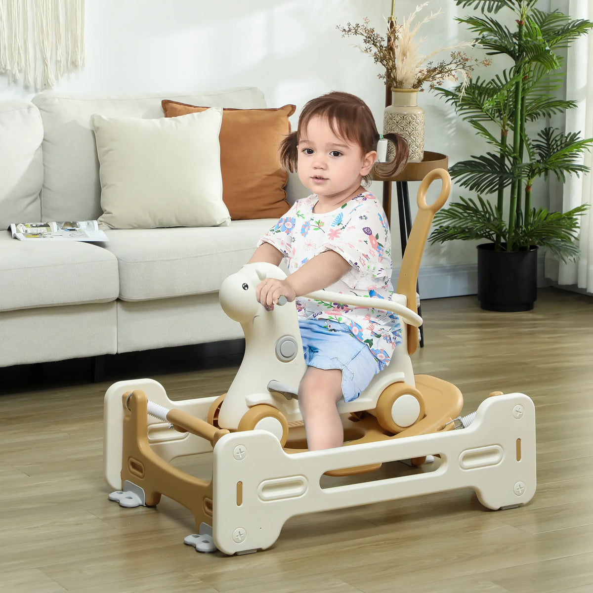 Rocking Horse for Toddlers, Balance Board, Push Handle, 4 Wheels, Brown Rocking Horses at Gallery Canada