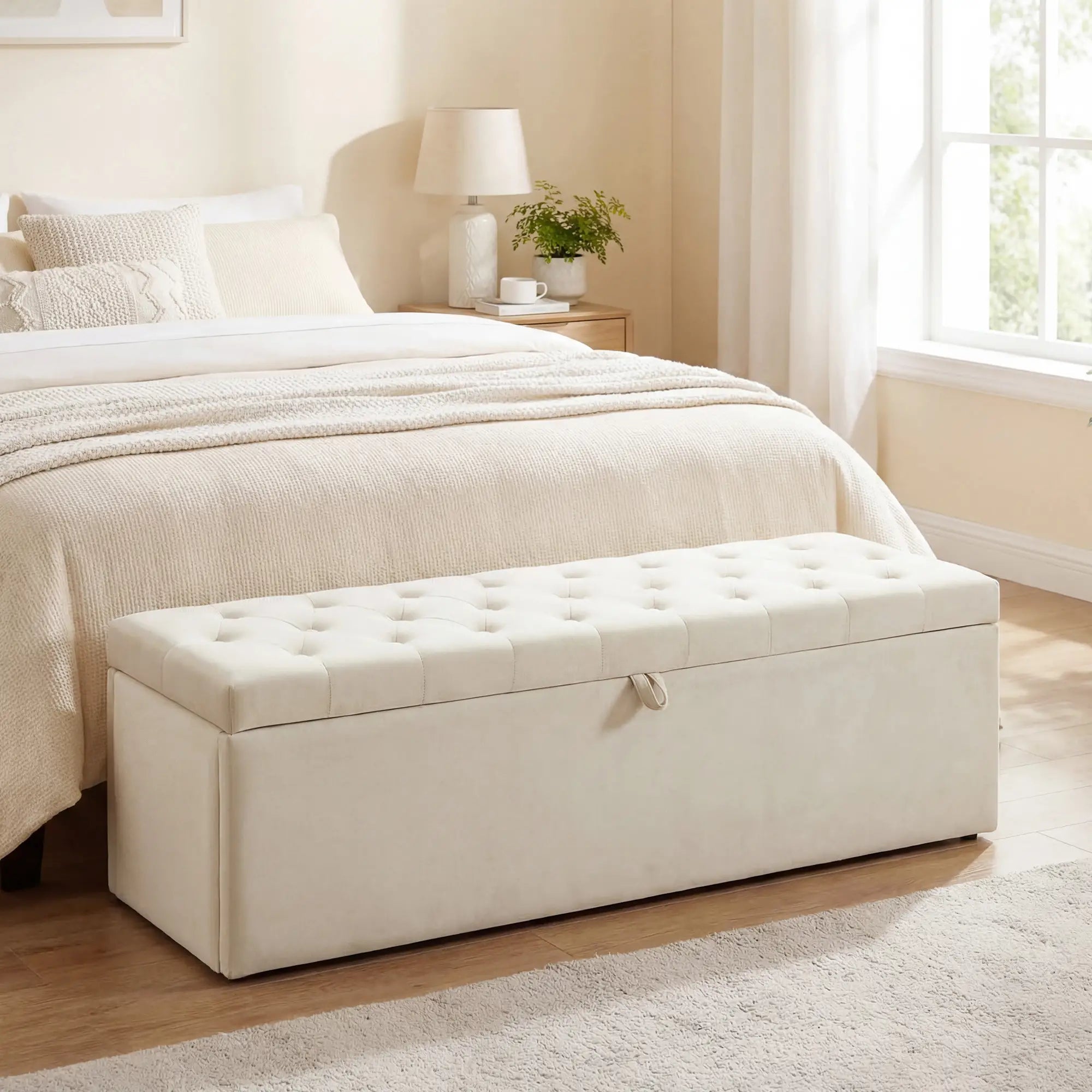 Upholstered Velvet Storage Ottoman Bench, Button Tufted, Beige Storage Ottomans & Benches at Gallery Canada