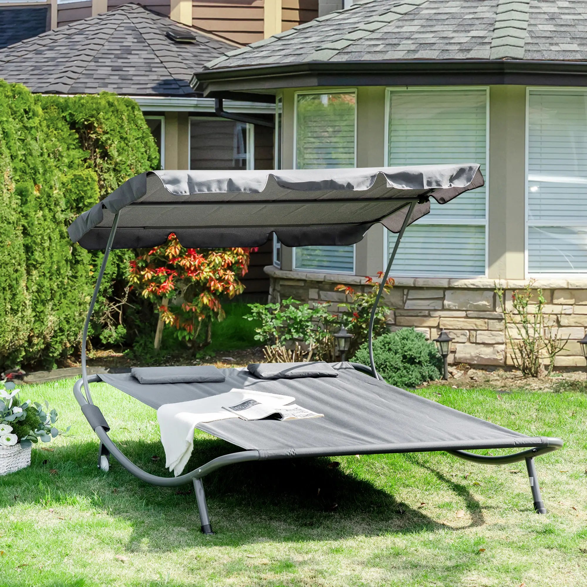 Double Patio Lounger, Adjustable Canopy, Headrest Pillows, 2 Wheels, Grey Lounger Chairs at Gallery Canada